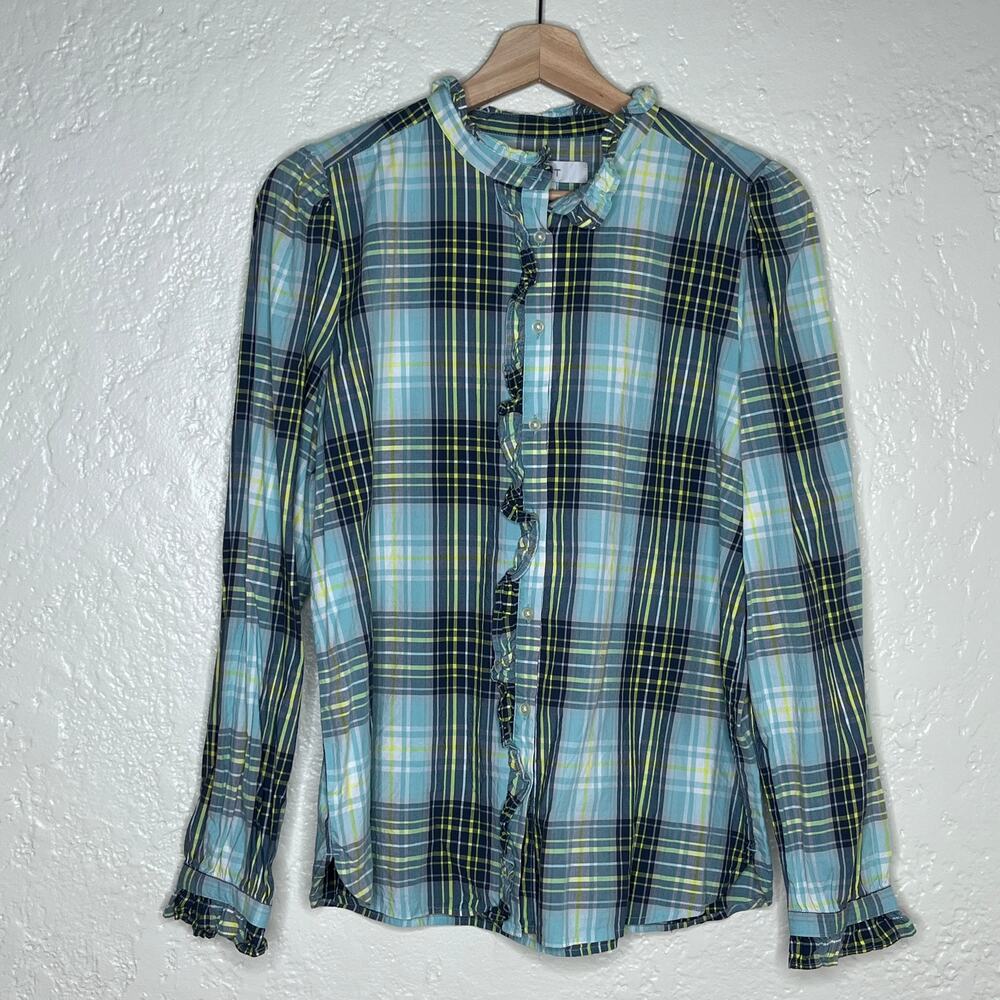 Loft Women's Green Plaid Ruffle Neck Long Sleeve Cotton Shirt Size Medium